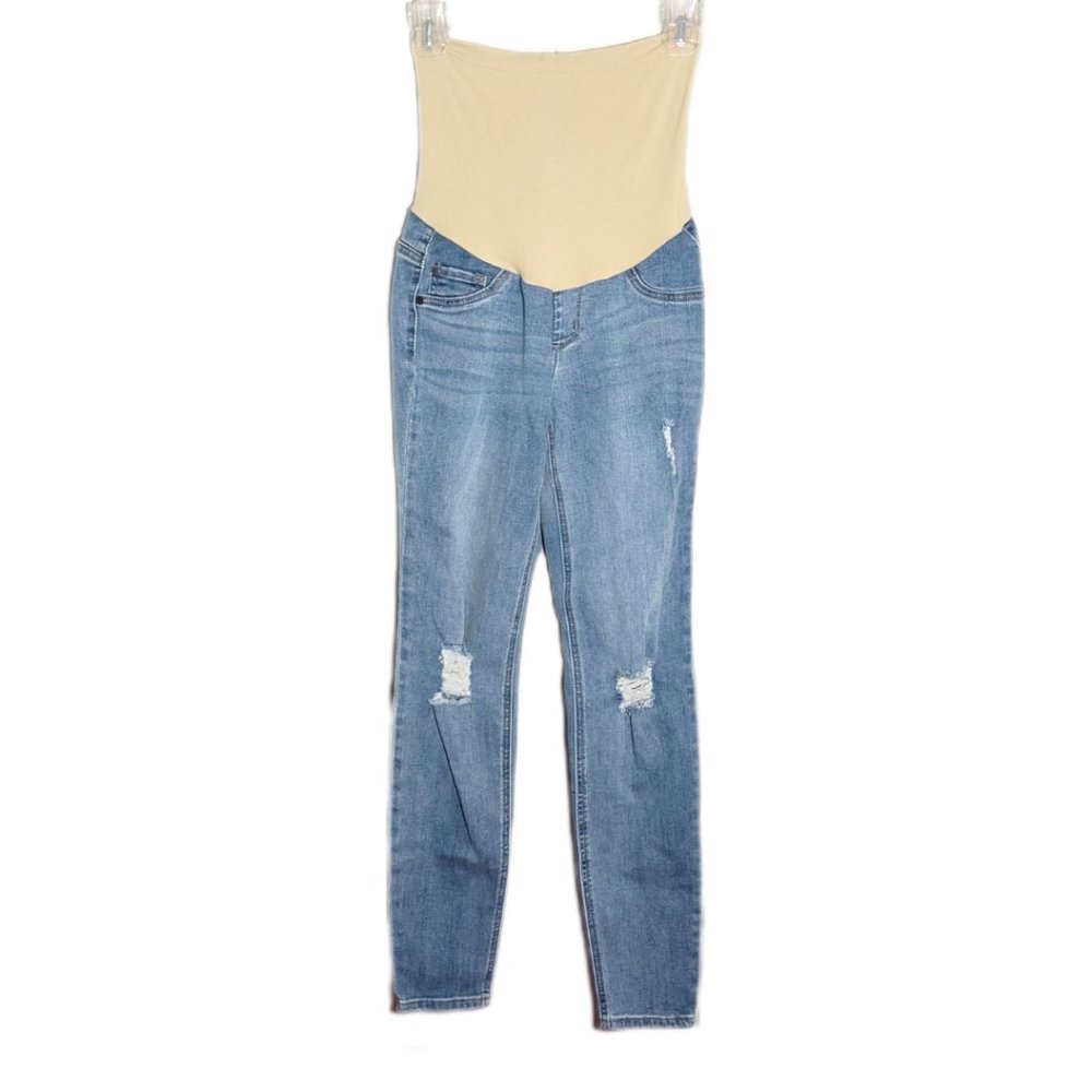 Indigo Blue XS Maternity Blue Skinny Moulant Distressed Jeans Full Panel Pull on